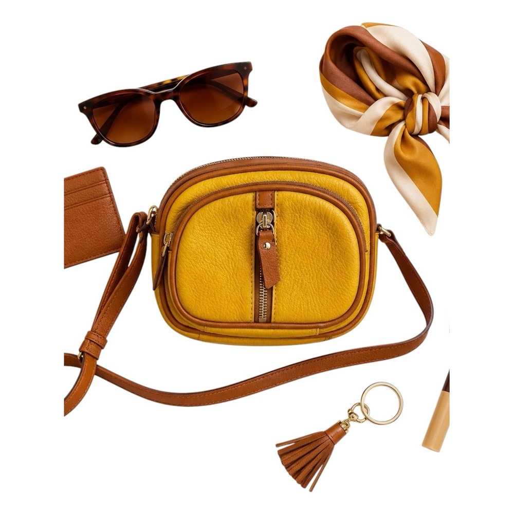 Valentina Italy Yellow Brown Pebbled Leather Crossbody Camera Bag Rare 8x6.5 GUC